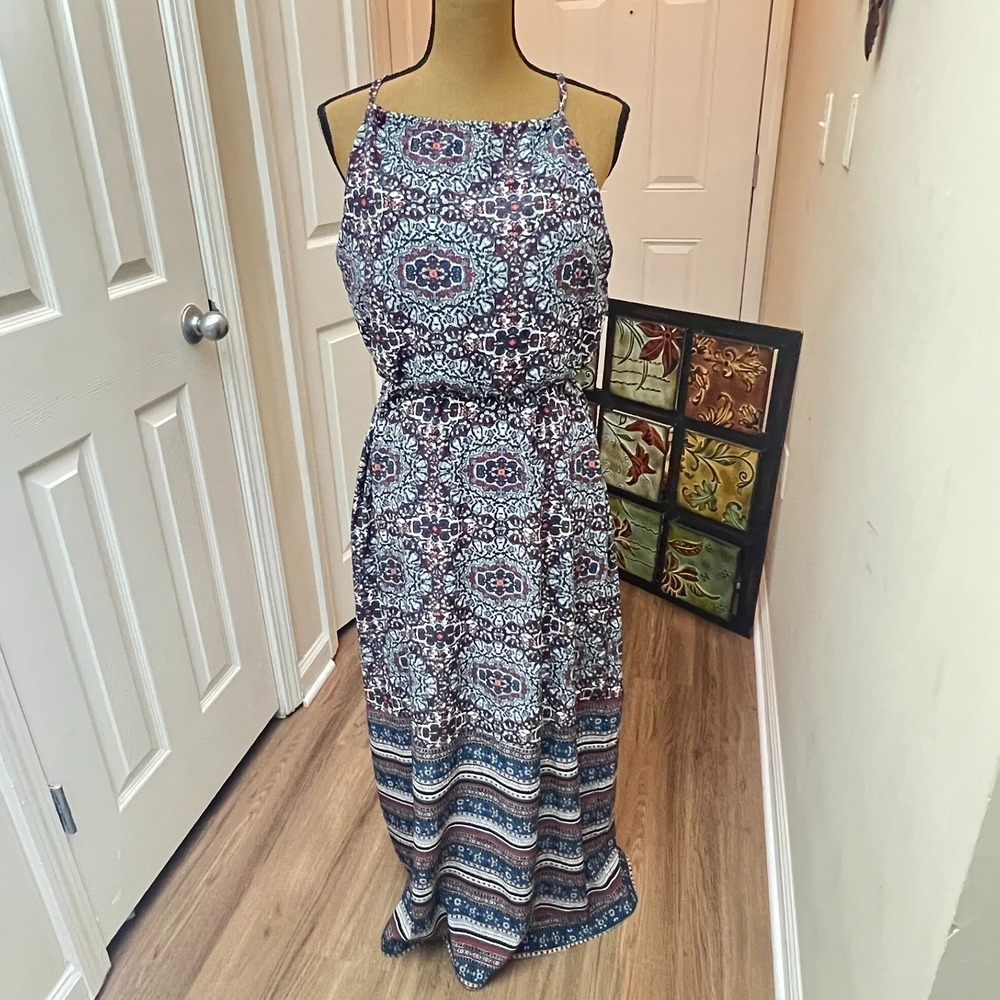 Athleta Island Life Maxi Dress Small Boho Paisley Print Side Slit Pockets